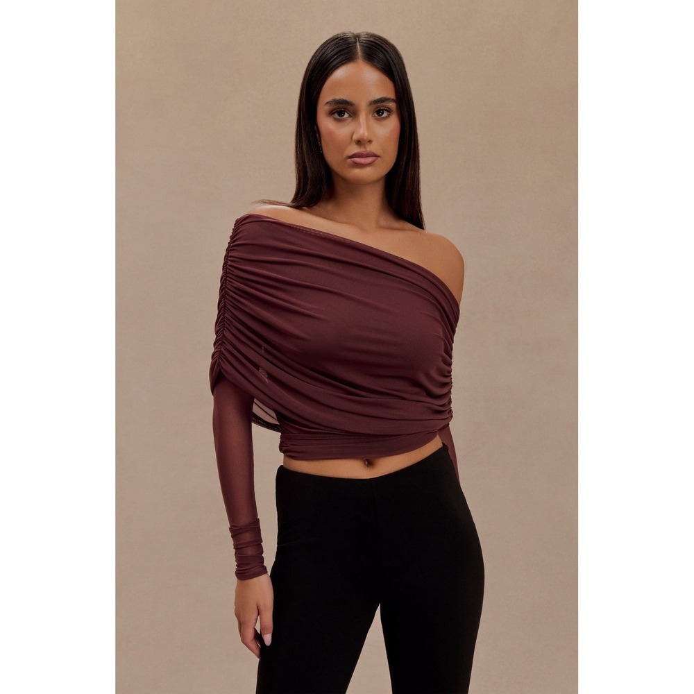 MESHKI NWT Everly Mesh Long Sleeve Top XL Brown Mahogany Off Shoulder Foldover